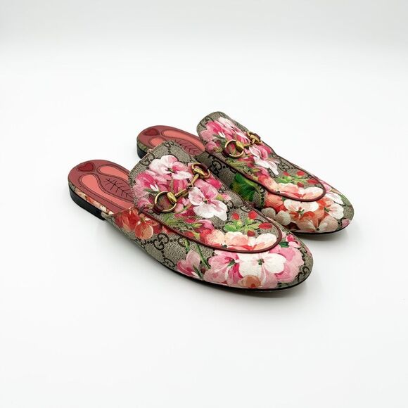 Gucci Shoes - Gucci Princetown Pink Bloom Supreme GG Horsebit Mules Slippers Canvas Loafers